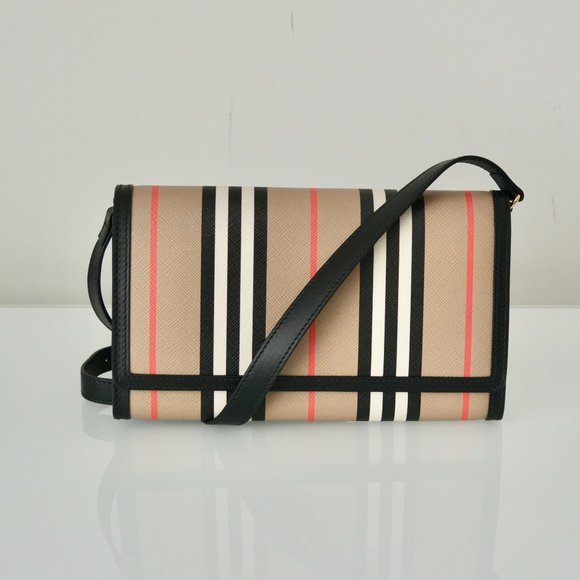 NWT BURBERRY ICON STRIP HANNAH LEATHER TRIM CROSSBODY WALLET BAG - Picture 1 of 12